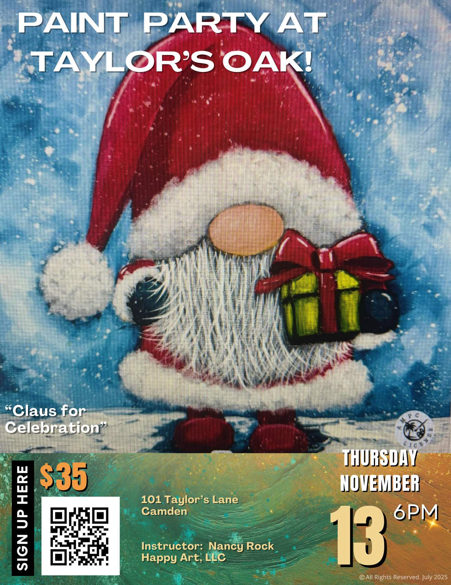 "Claus for Celebration" Paint Party: Thursday, November 13th at Taylor's Oak