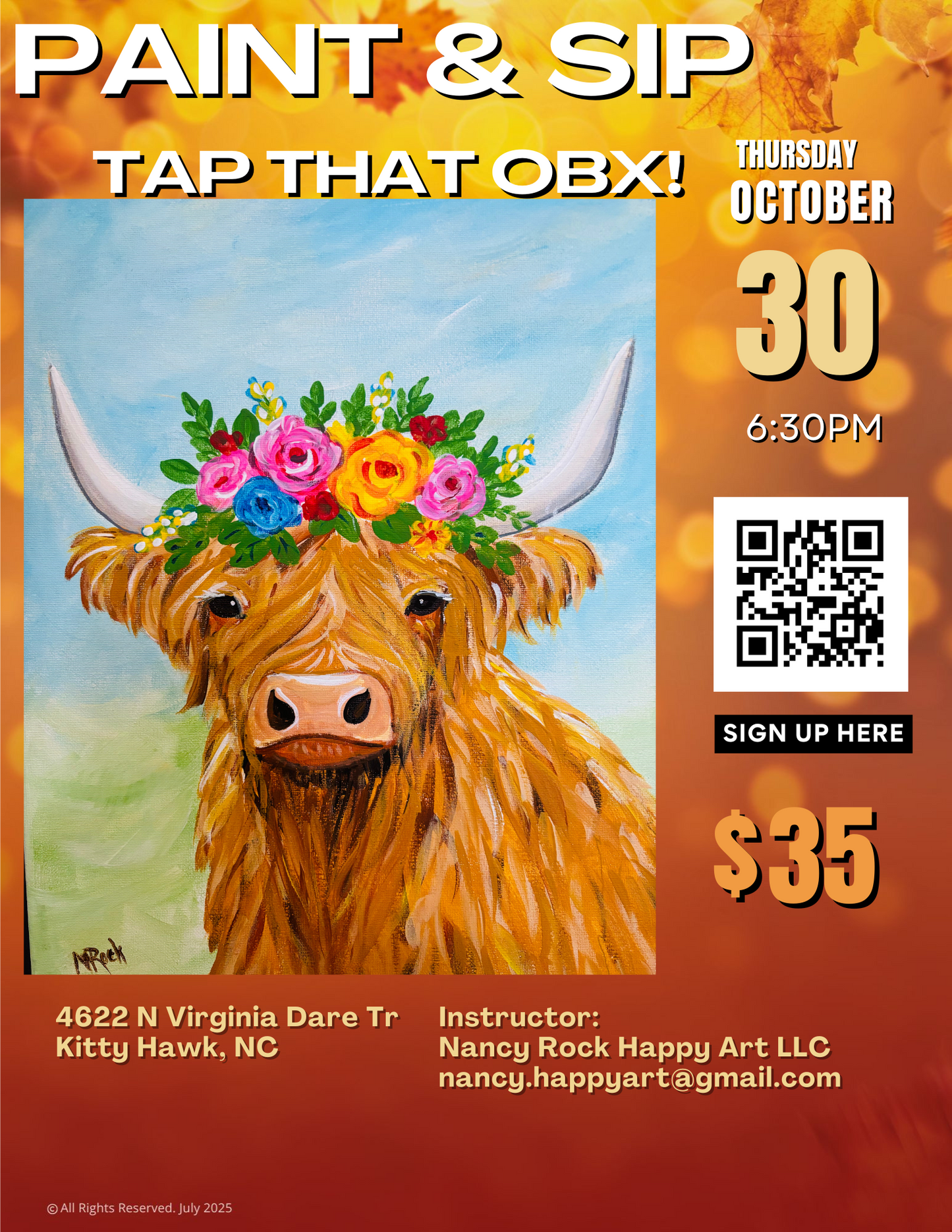 "Heidi the Highland Coo" Paint & Sip: Thursday, Oct 30 at Tap That OBX