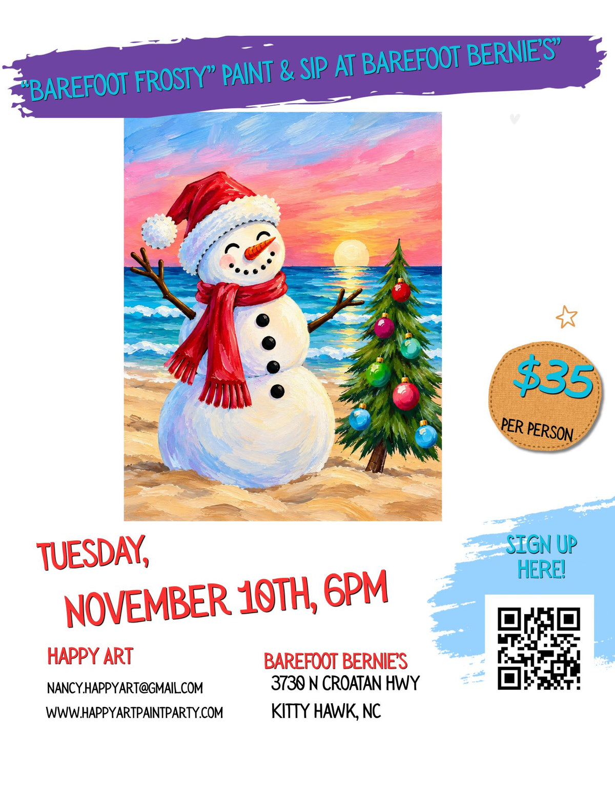 "Barefoot Frosty" Paint & Sip at Barefoot Bernie's: Tuesday, November 10 at 6pm