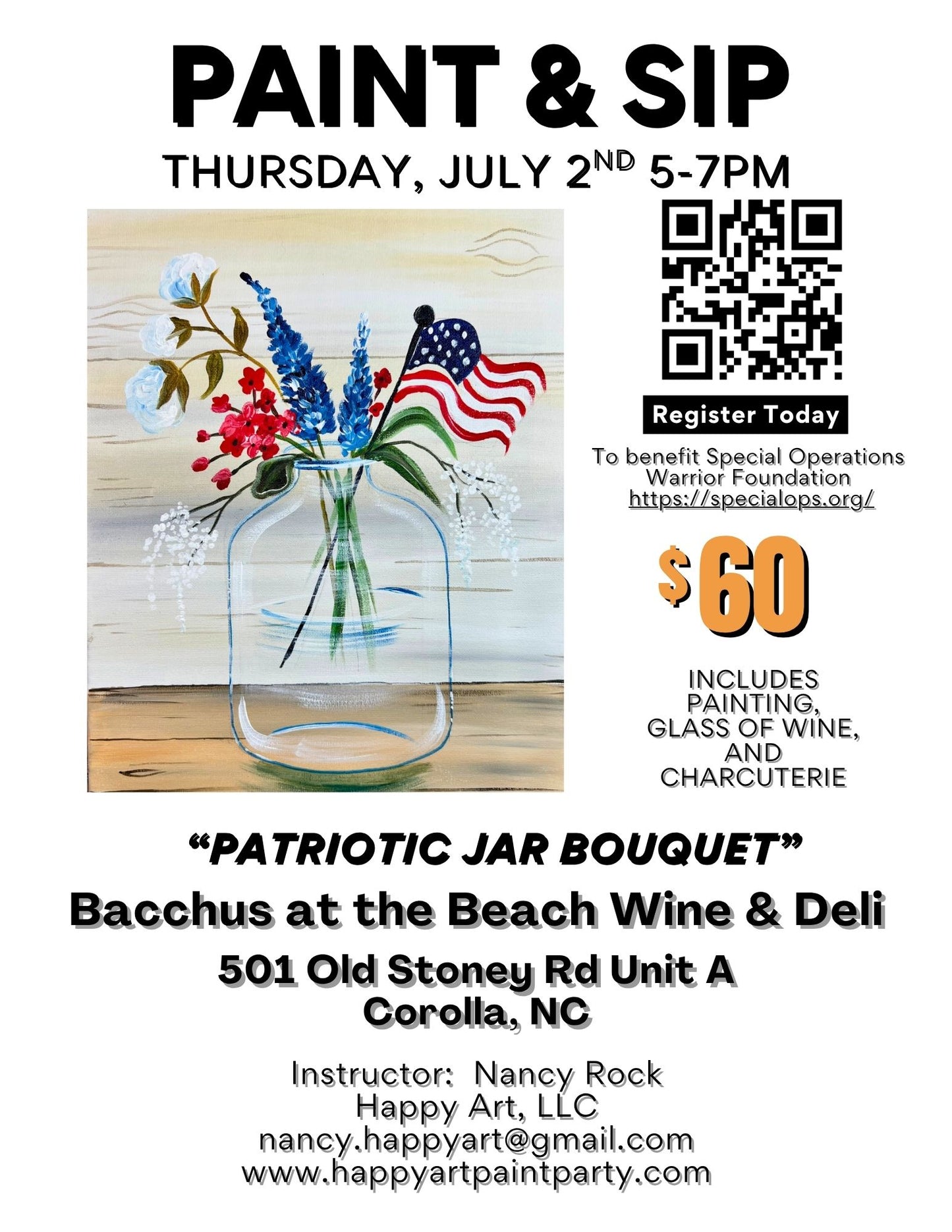 "Patriotic Jar Bouquet" Paint & Sip on Thursday, July2nd at 5pm at Bacchus at the Beach Wine & Deli