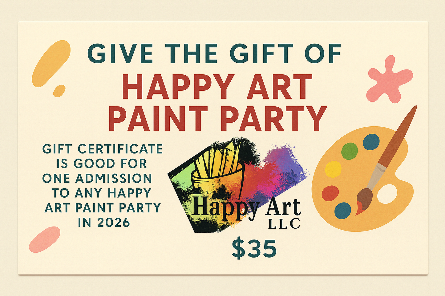 "Happy Art Paint Party Gift Certificate"