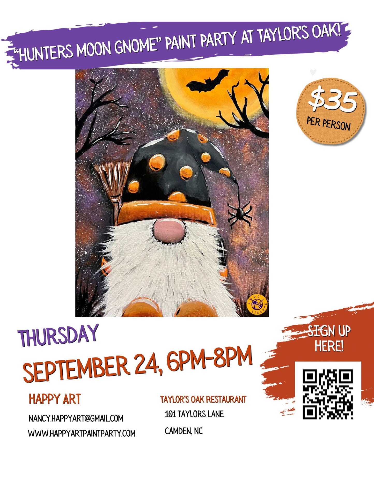 "Hunters Moon Gnome" Paint Party: Thursday, September 24th at 6pm at Taylor's Oak