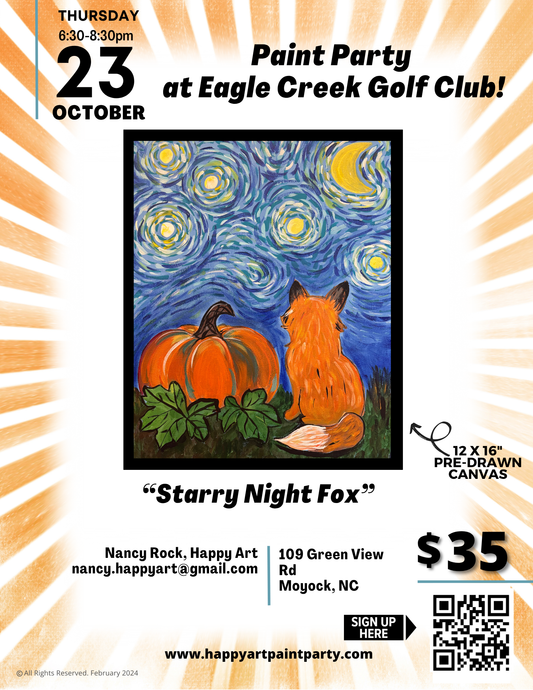 "Starry Night Fox" Paint Party: October 23rd at 6:30pm at Eagle Creek Golf & Grill